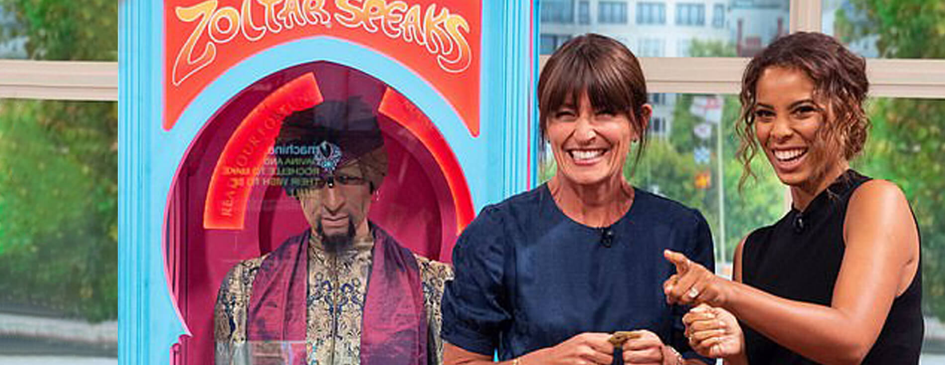 Presenters Rochelle Humes and Davina McCall with our Zoltar Fortune Teller for hire